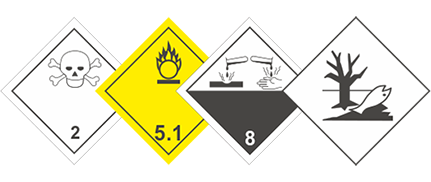 Знаки опасности образцов № 2.3, № 5.1, № 8 и маркировочный знак вещества, опасного для окружающей среды ДОПОГ